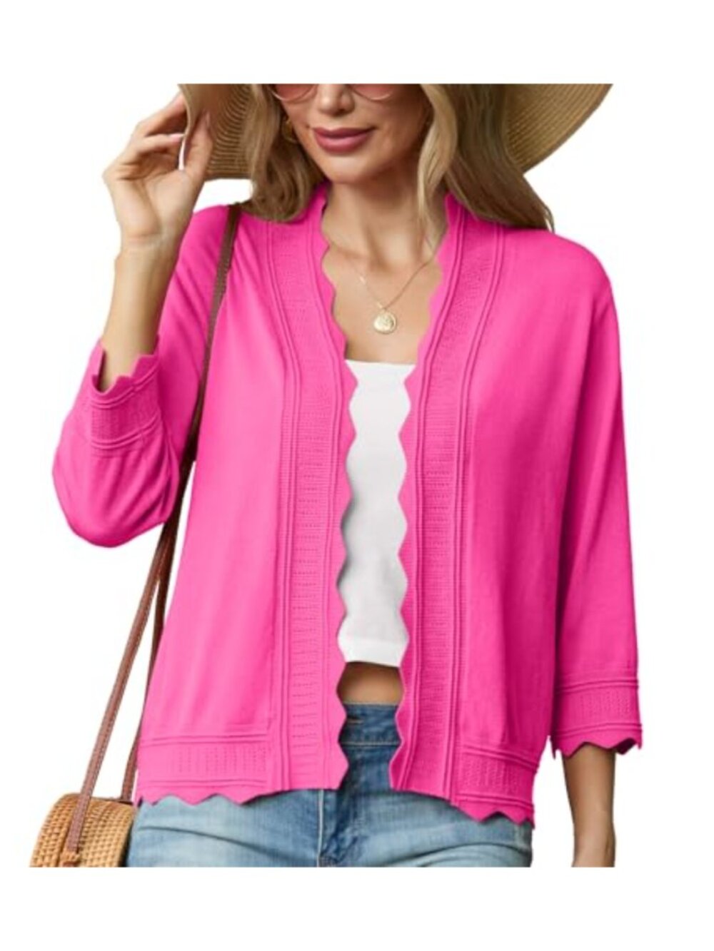 Womens Lightweight Cropped Cardigan Knit Open Front Shrug 3/4 Sleeve Scalloped
